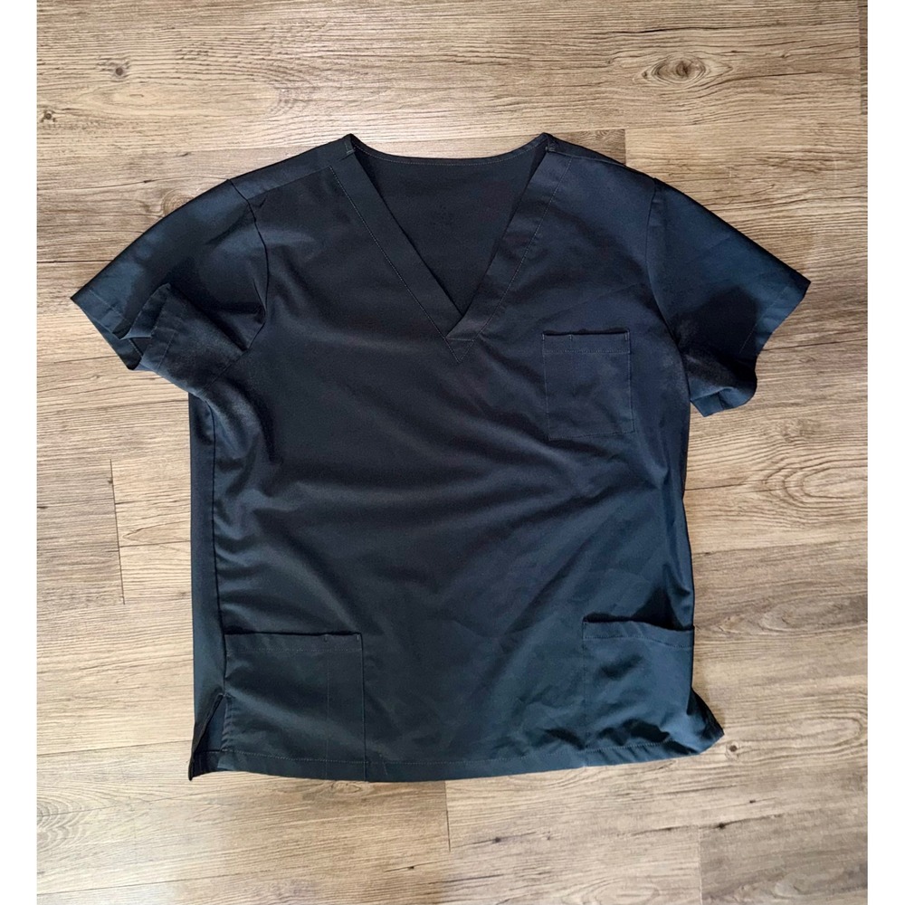 Mens V-Neck Scrub Top Short Sleeve Medical Uniform Pockets Black Gray Size L